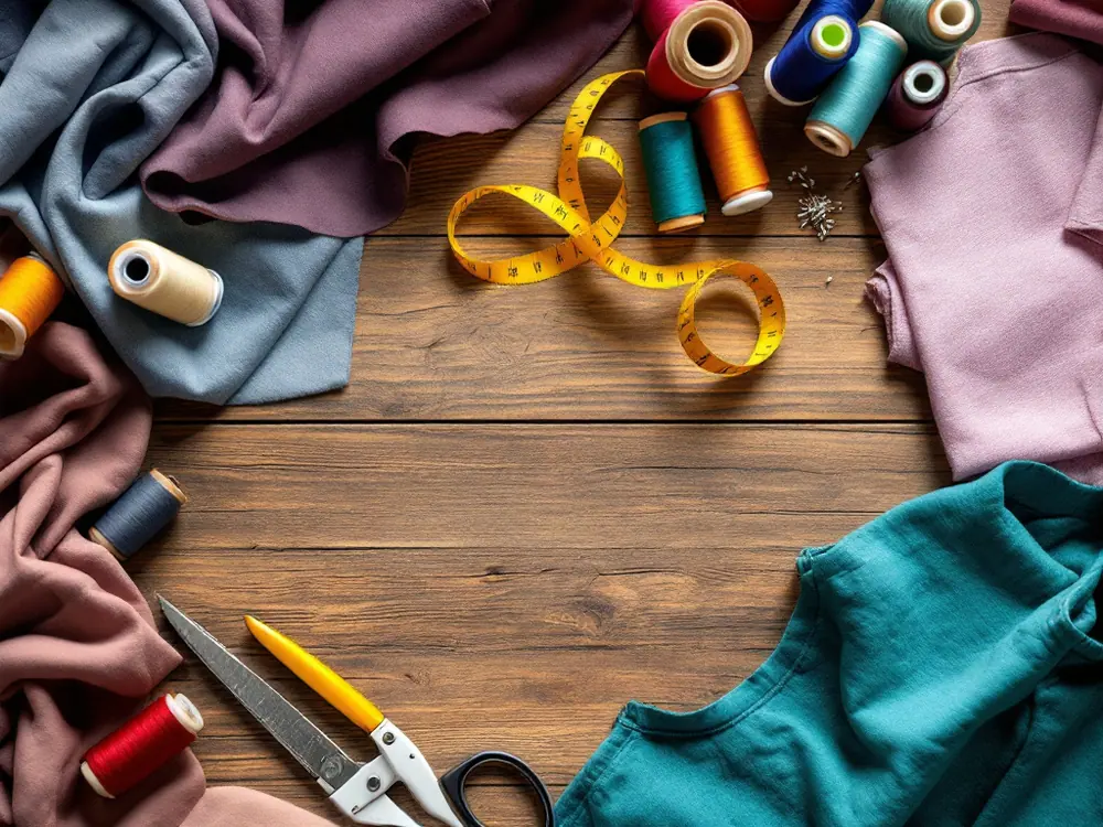 Thread, fabric swatches and shears on a workshop table